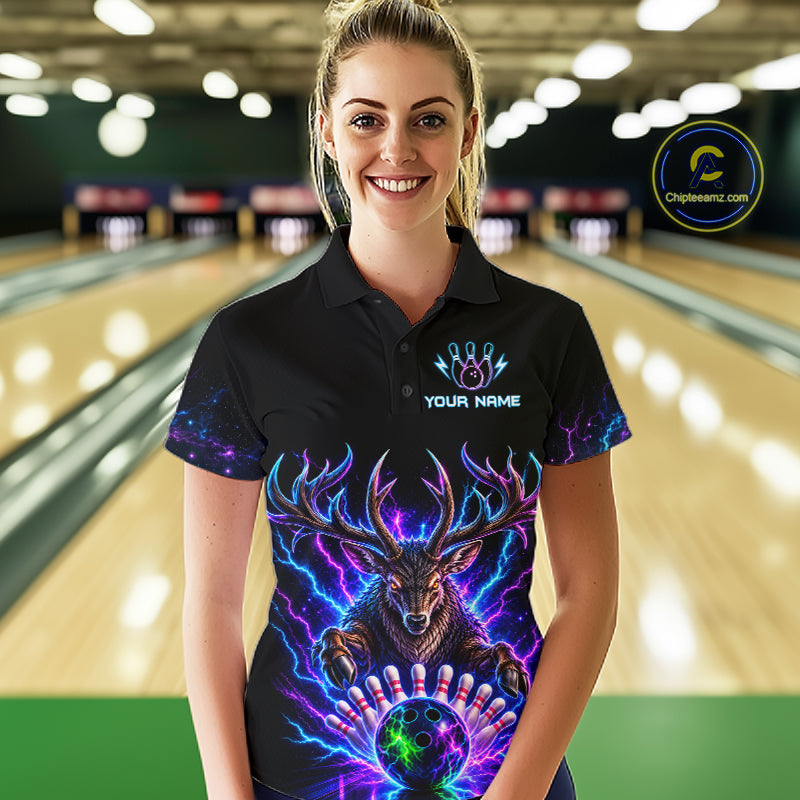 Custom Deer Neon Bowling Jersey Polo, 1/4 Zip For Women Bowling Team Jersey, Bowling Uniform TDM8107