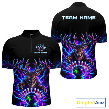 Custom Deer Neon Bowling Jersey Polo, 1/4 Zip For Men Bowling Team Jersey, Bowling Uniform TDM8107