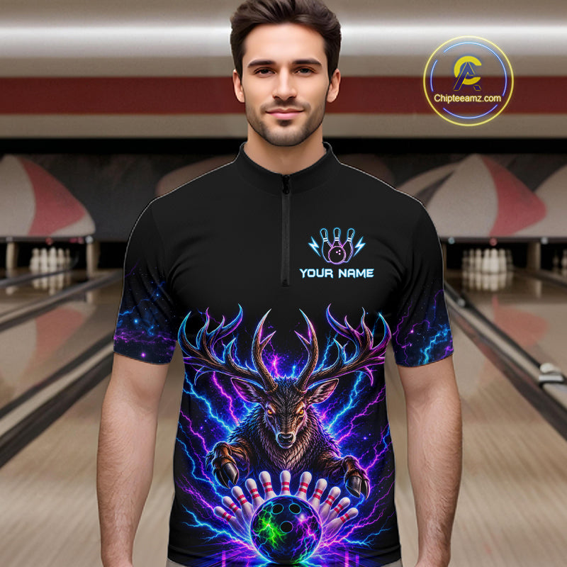 Custom Deer Neon Bowling Jersey Polo, 1/4 Zip For Men Bowling Team Jersey, Bowling Uniform TDM8107