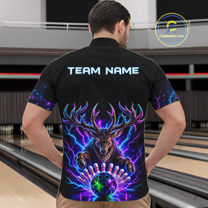 Custom Deer Neon Bowling Jersey Polo, 1/4 Zip For Men Bowling Team Jersey, Bowling Uniform TDM8107