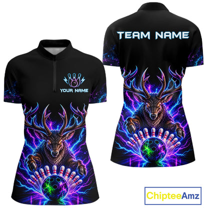 Custom Deer Neon Bowling Jersey Polo, 1/4 Zip For Women Bowling Team Jersey, Bowling Uniform TDM8107