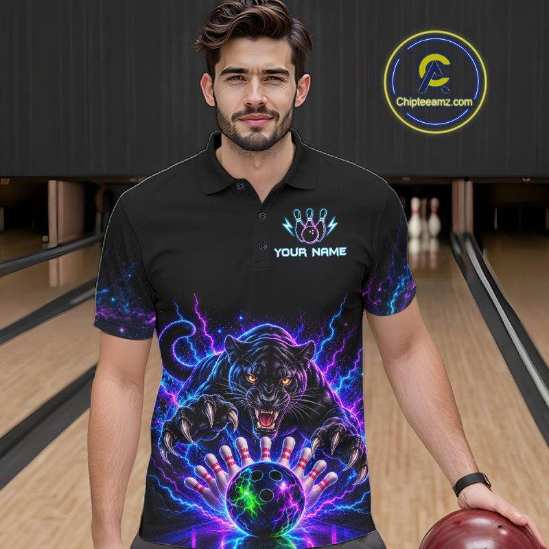 Custom Panther Neon Bowling Jersey Polo, 1/4 Zip For Men Bowling Team Jersey, Bowling Uniform TDM8108