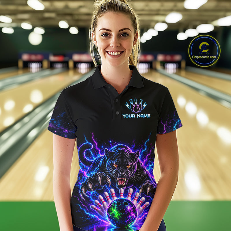 Custom Panther Neon Bowling Jersey Polo, 1/4 Zip For Women Bowling Team Jersey, Bowling Uniform TDM8108