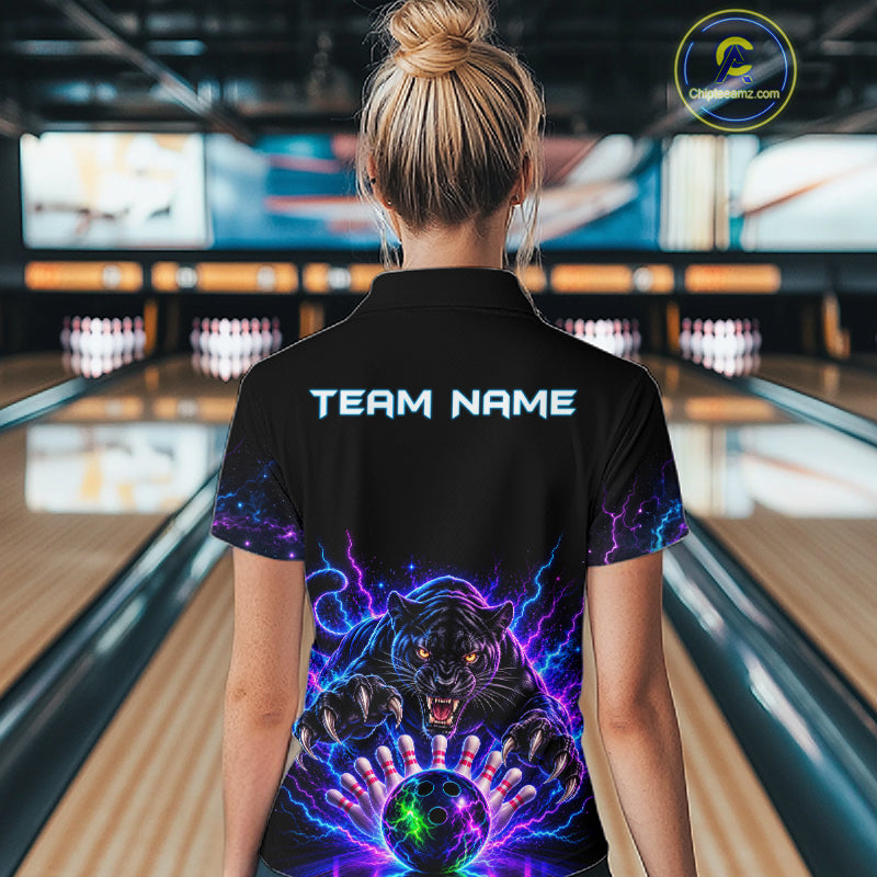 Custom Panther Neon Bowling Jersey Polo, 1/4 Zip For Women Bowling Team Jersey, Bowling Uniform TDM8108