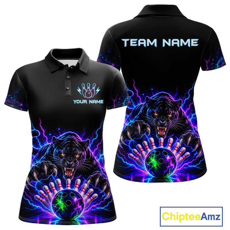 Custom Panther Neon Bowling Jersey Polo, 1/4 Zip For Women Bowling Team Jersey, Bowling Uniform TDM8108