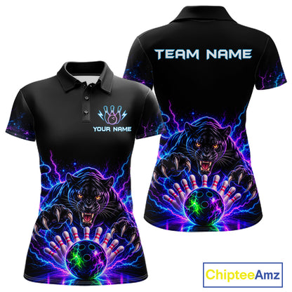 Custom Panther Neon Bowling Jersey Polo, 1/4 Zip For Women Bowling Team Jersey, Bowling Uniform TDM8108