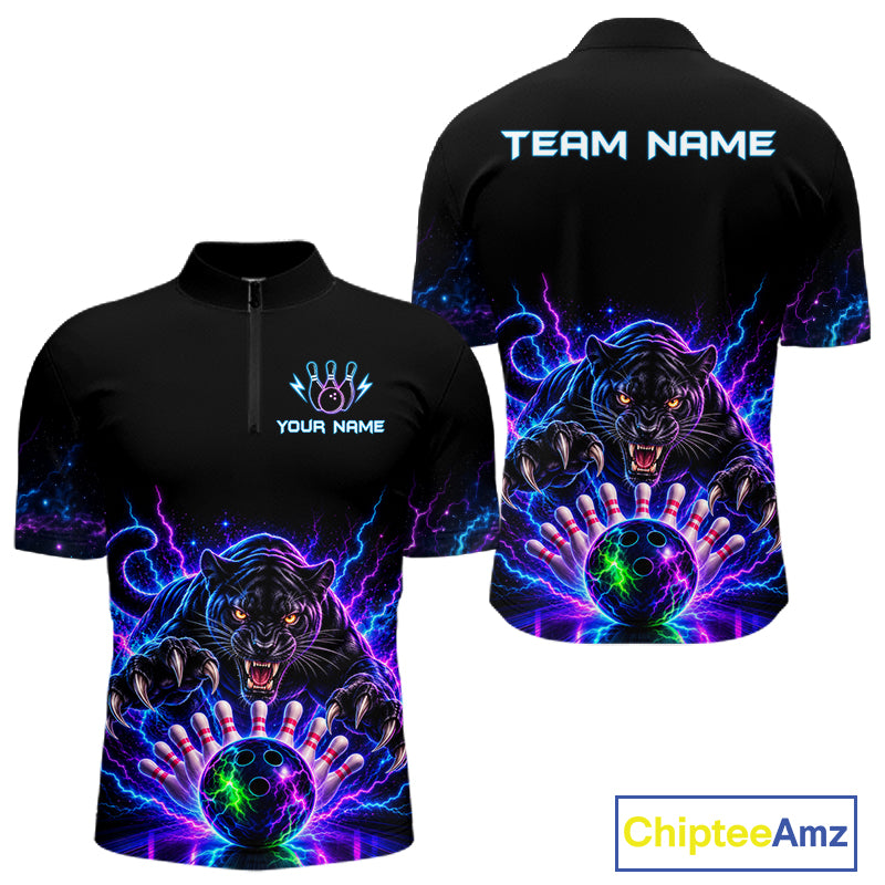 Custom Panther Neon Bowling Jersey Polo, 1/4 Zip For Men Bowling Team Jersey, Bowling Uniform TDM8108