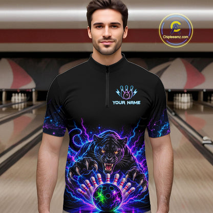 Custom Panther Neon Bowling Jersey Polo, 1/4 Zip For Men Bowling Team Jersey, Bowling Uniform TDM8108