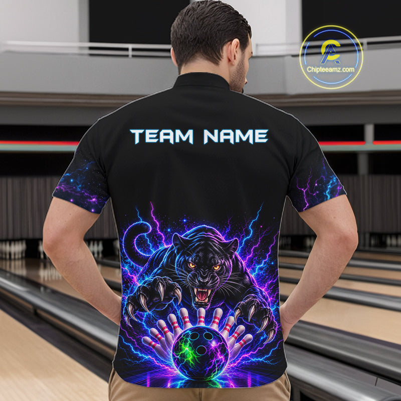 Custom Panther Neon Bowling Jersey Polo, 1/4 Zip For Men Bowling Team Jersey, Bowling Uniform TDM8108