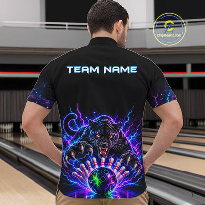 Custom Panther Neon Bowling Jersey Polo, 1/4 Zip For Men Bowling Team Jersey, Bowling Uniform TDM8108