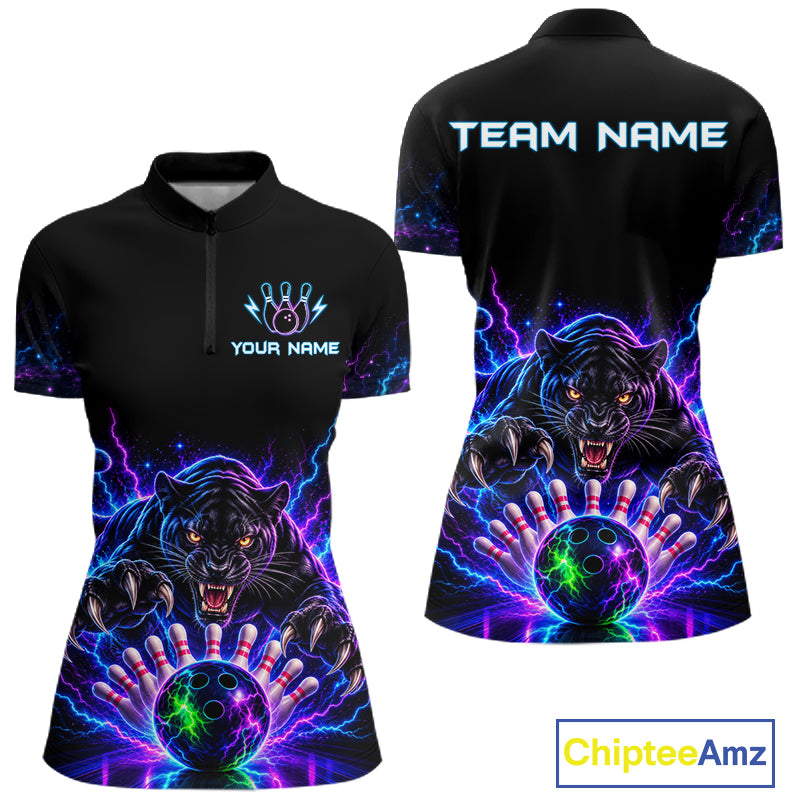 Custom Panther Neon Bowling Jersey Polo, 1/4 Zip For Women Bowling Team Jersey, Bowling Uniform TDM8108