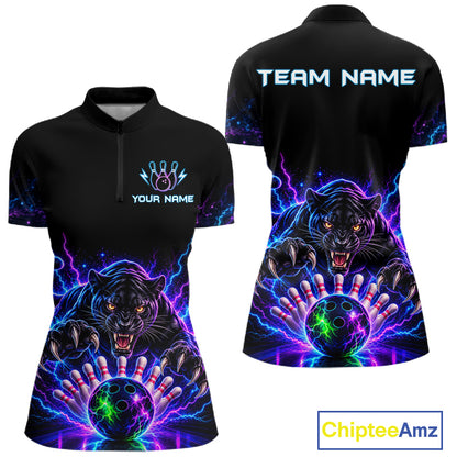 Custom Panther Neon Bowling Jersey Polo, 1/4 Zip For Women Bowling Team Jersey, Bowling Uniform TDM8108