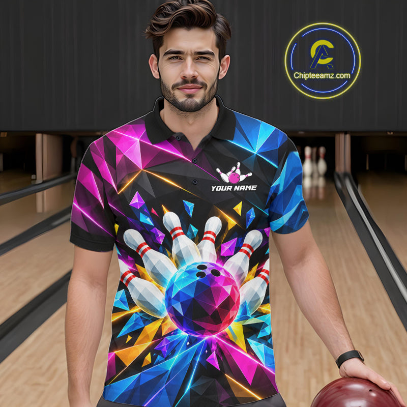 Personalized Colorful Geometric Bowling Shirts For Men Custom Bowling Team Jersey Polo, 1/4 Zip TDM8111
