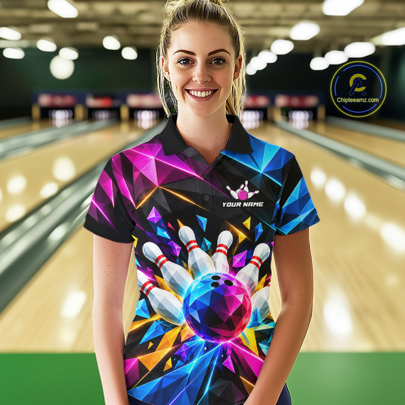Personalized Colorful Geometric Bowling Shirts For Women Custom Bowling Team Jersey Polo, 1/4 Zip TDM8111