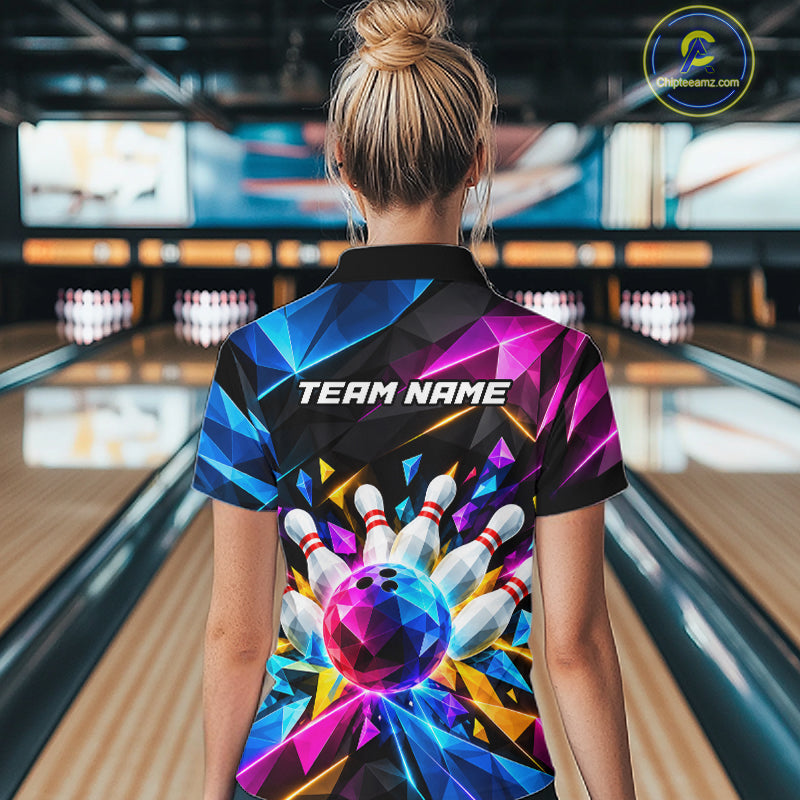 Personalized Colorful Geometric Bowling Shirts For Women Custom Bowling Team Jersey Polo, 1/4 Zip TDM8111