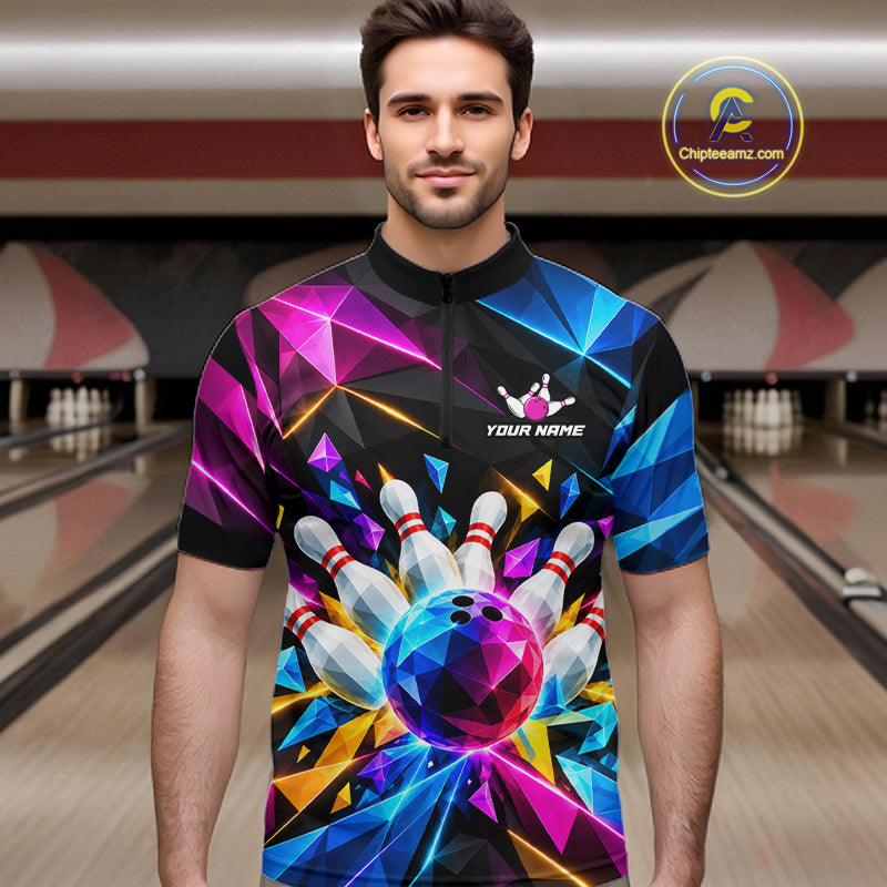 Personalized Colorful Geometric Bowling Shirts For Men Custom Bowling Team Jersey Polo, 1/4 Zip TDM8111