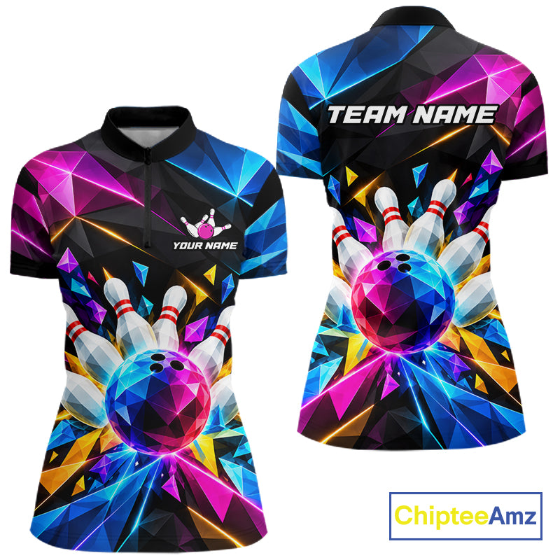 Personalized Colorful Geometric Bowling Shirts For Women Custom Bowling Team Jersey Polo, 1/4 Zip TDM8111