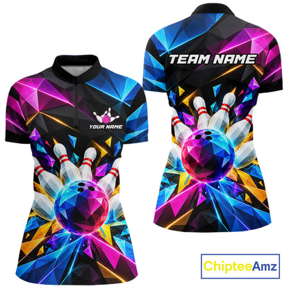 Personalized Colorful Geometric Bowling Shirts For Women Custom Bowling Team Jersey Polo, 1/4 Zip TDM8111