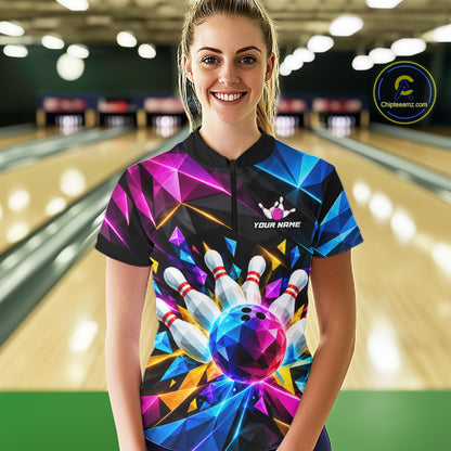 Personalized Colorful Geometric Bowling Shirts For Women Custom Bowling Team Jersey Polo, 1/4 Zip TDM8111