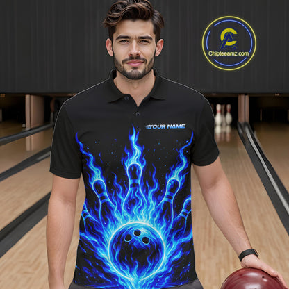 Custom Blue Flame Bowling Polo, Quarter Zip Shirts For Men Custom Bowling League Team Jersey TDM8114