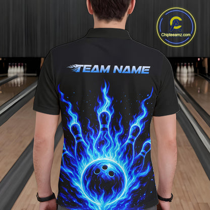Custom Blue Flame Bowling Polo, Quarter Zip Shirts For Men Custom Bowling League Team Jersey TDM8114