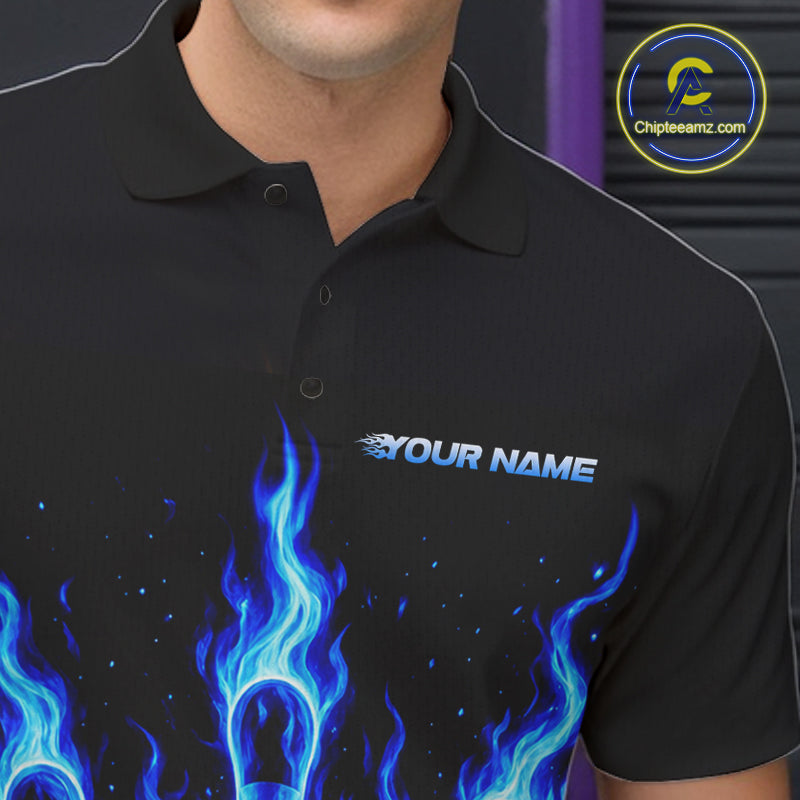 Custom Blue Flame Bowling Polo, Quarter Zip Shirts For Men Custom Bowling League Team Jersey TDM8114