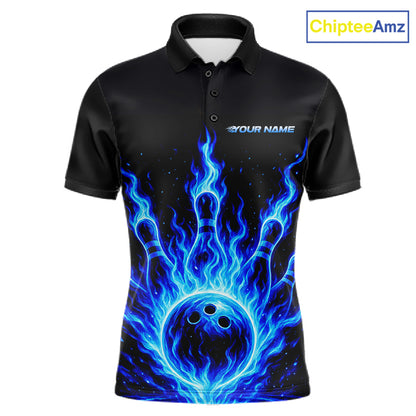 Custom Blue Flame Bowling Polo, Quarter Zip Shirts For Men Custom Bowling League Team Jersey TDM8114