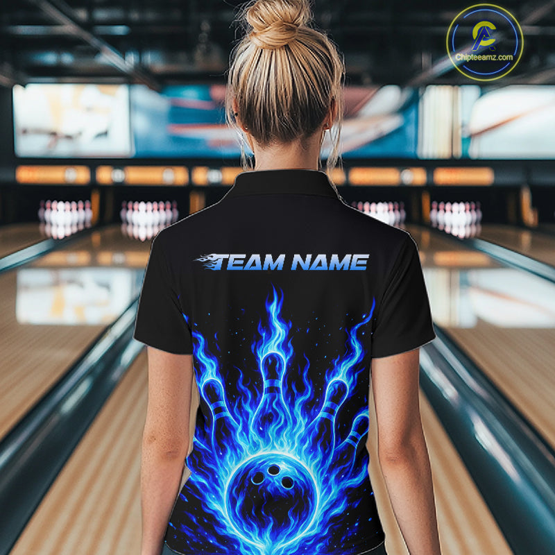 Custom Blue Flame Bowling Polo, Quarter Zip Shirts For Women Custom Bowling League Team Jersey TDM8114