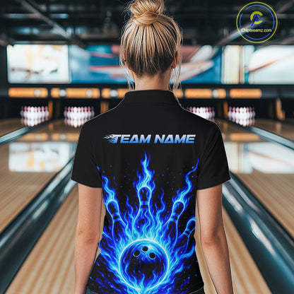 Custom Blue Flame Bowling Polo, Quarter Zip Shirts For Women Custom Bowling League Team Jersey TDM8114