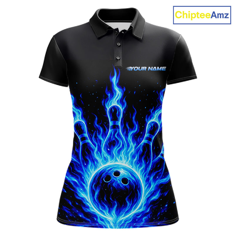 Custom Blue Flame Bowling Polo, Quarter Zip Shirts For Women Custom Bowling League Team Jersey TDM8114
