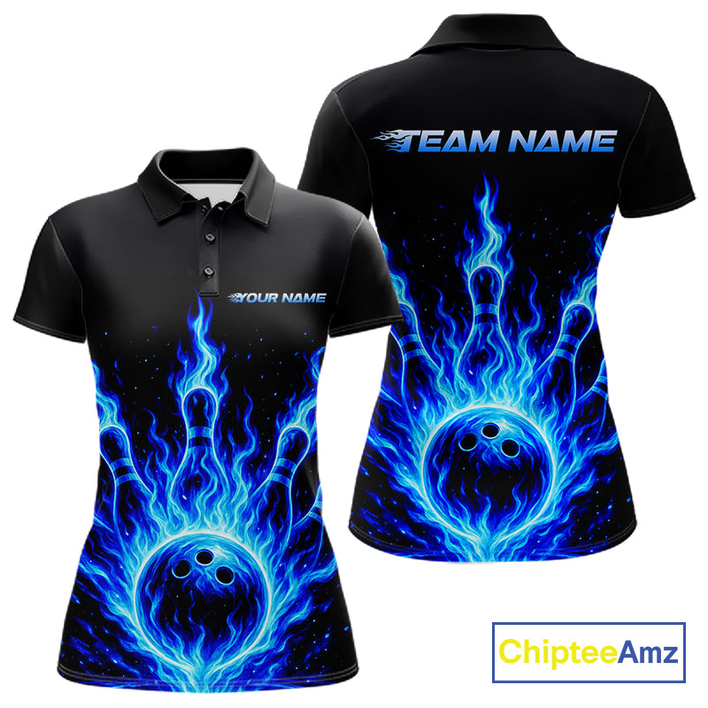 Custom Blue Flame Bowling Polo, Quarter Zip Shirts For Women Custom Bowling League Team Jersey TDM8114