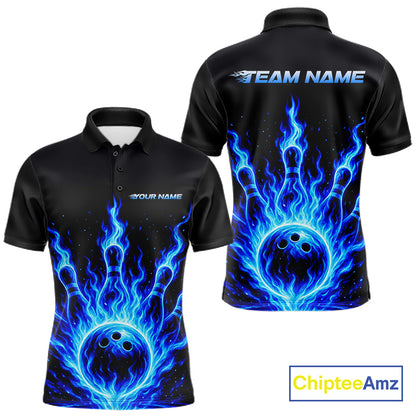 Custom Blue Flame Bowling Polo, Quarter Zip Shirts For Men Custom Bowling League Team Jersey TDM8114