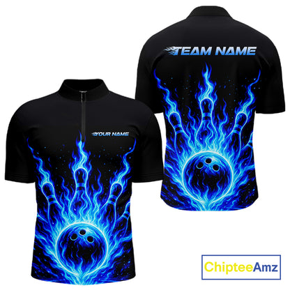 Custom Blue Flame Bowling Polo, Quarter Zip Shirts For Men Custom Bowling League Team Jersey TDM8114
