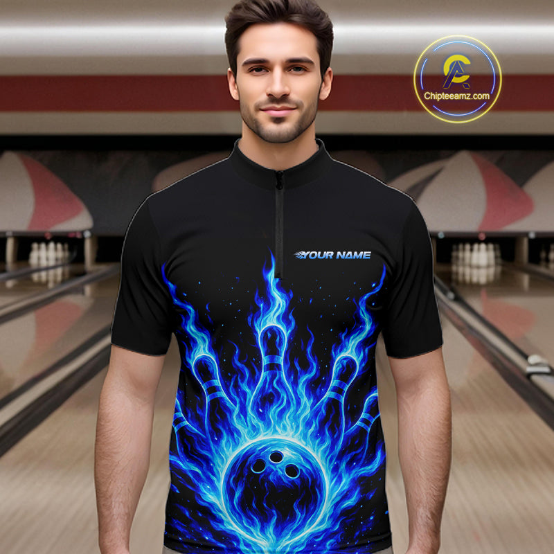 Custom Blue Flame Bowling Polo, Quarter Zip Shirts For Men Custom Bowling League Team Jersey TDM8114