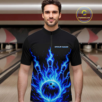 Custom Blue Flame Bowling Polo, Quarter Zip Shirts For Men Custom Bowling League Team Jersey TDM8114