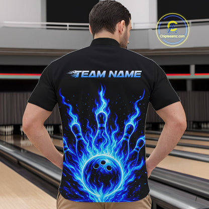 Custom Blue Flame Bowling Polo, Quarter Zip Shirts For Men Custom Bowling League Team Jersey TDM8114