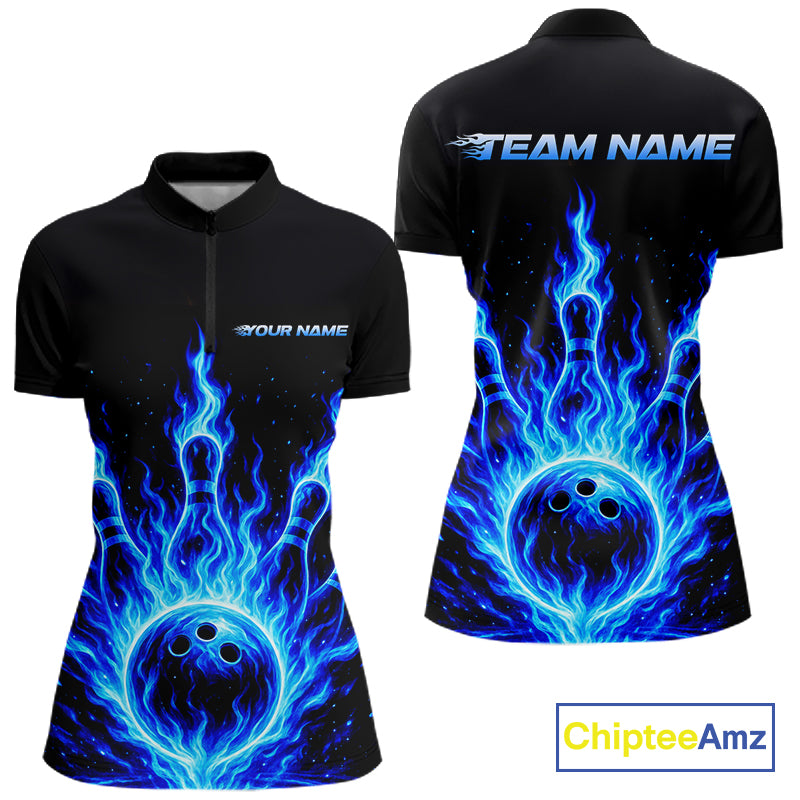 Custom Blue Flame Bowling Polo, Quarter Zip Shirts For Women Custom Bowling League Team Jersey TDM8114