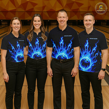 Custom Blue Flame Bowling Polo, Quarter Zip Shirts For Men Custom Bowling League Team Jersey TDM8114