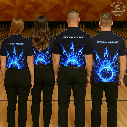 Custom Blue Flame Bowling Polo, Quarter Zip Shirts For Men Custom Bowling League Team Jersey TDM8114