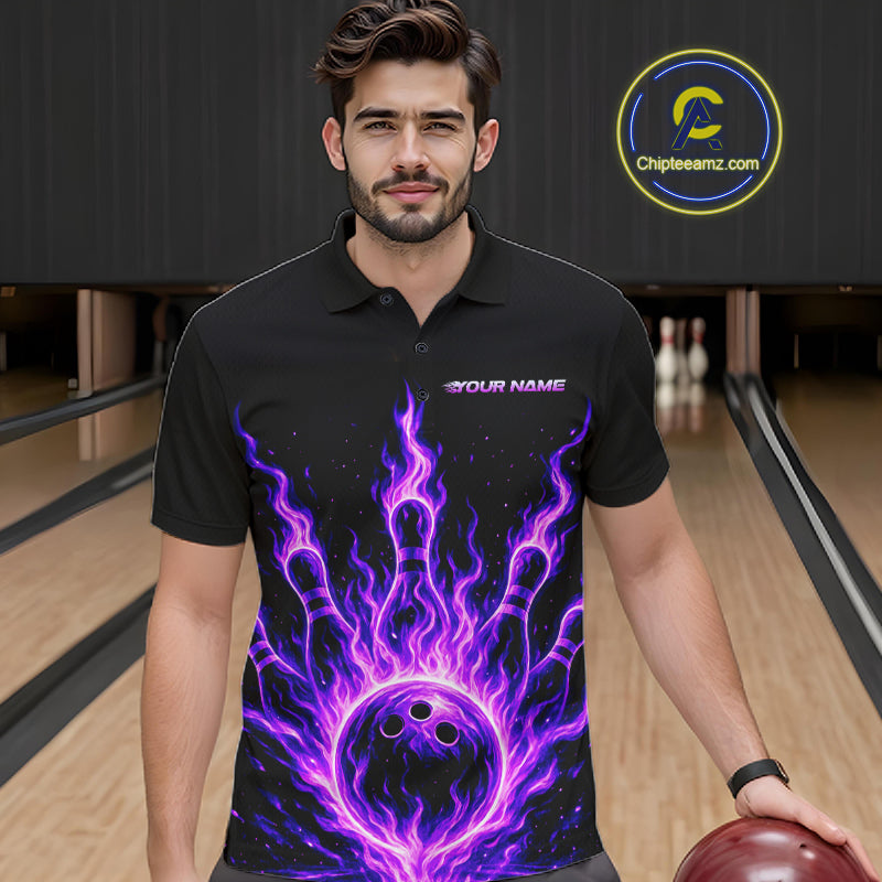 Custom Purple Flame Bowling Polo, Quarter Zip Shirts For Men Custom Bowling League Team Jersey TDM8115