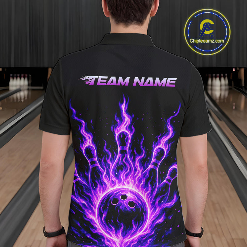 Custom Purple Flame Bowling Polo, Quarter Zip Shirts For Men Custom Bowling League Team Jersey TDM8115