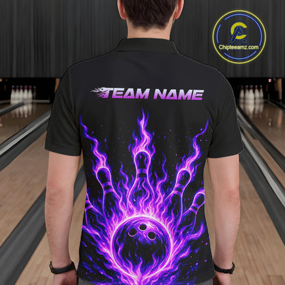Custom Purple Flame Bowling Polo, Quarter Zip Shirts For Men Custom Bowling League Team Jersey TDM8115