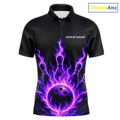 Custom Purple Flame Bowling Polo, Quarter Zip Shirts For Men Custom Bowling League Team Jersey TDM8115
