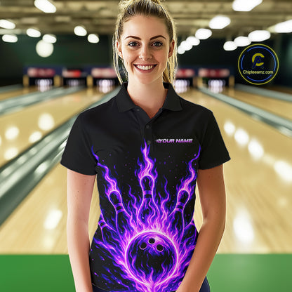 Custom Purple Flame Bowling Polo, Quarter Zip Shirts For Women Custom Bowling League Team Jersey TDM8115