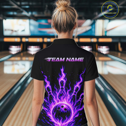 Custom Purple Flame Bowling Polo, Quarter Zip Shirts For Women Custom Bowling League Team Jersey TDM8115