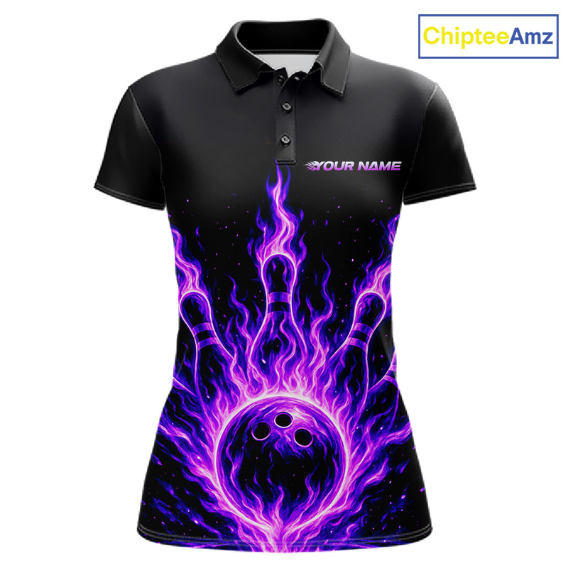 Custom Purple Flame Bowling Polo, Quarter Zip Shirts For Women Custom Bowling League Team Jersey TDM8115