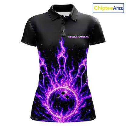 Custom Purple Flame Bowling Polo, Quarter Zip Shirts For Women Custom Bowling League Team Jersey TDM8115