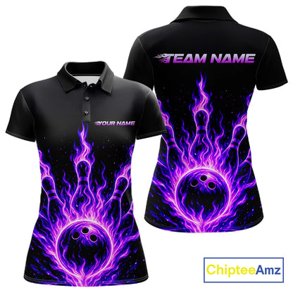 Custom Purple Flame Bowling Polo, Quarter Zip Shirts For Women Custom Bowling League Team Jersey TDM8115