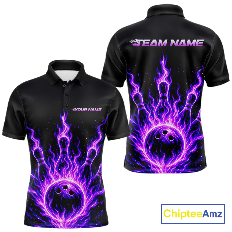 Custom Purple Flame Bowling Polo, Quarter Zip Shirts For Men Custom Bowling League Team Jersey TDM8115