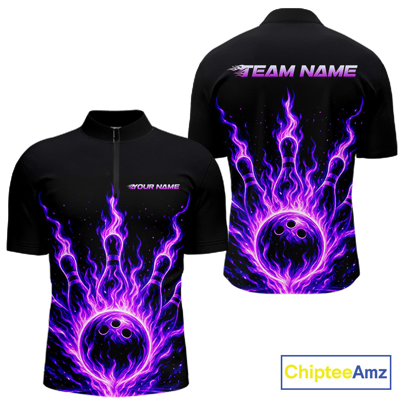 Custom Purple Flame Bowling Polo, Quarter Zip Shirts For Men Custom Bowling League Team Jersey TDM8115
